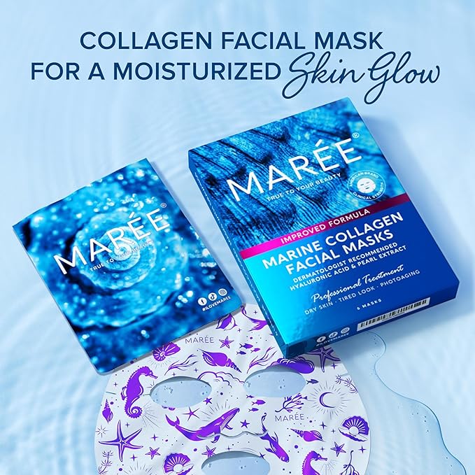 MAREE Collagen Facial Mask with Hyaluronic Acid 2 PACK - Sheet Face Masks Skincare with Green & Red Algae Extract - Hydrating Mascarillas Faciales For Women Skin Care | Facial Mask 2 Pack