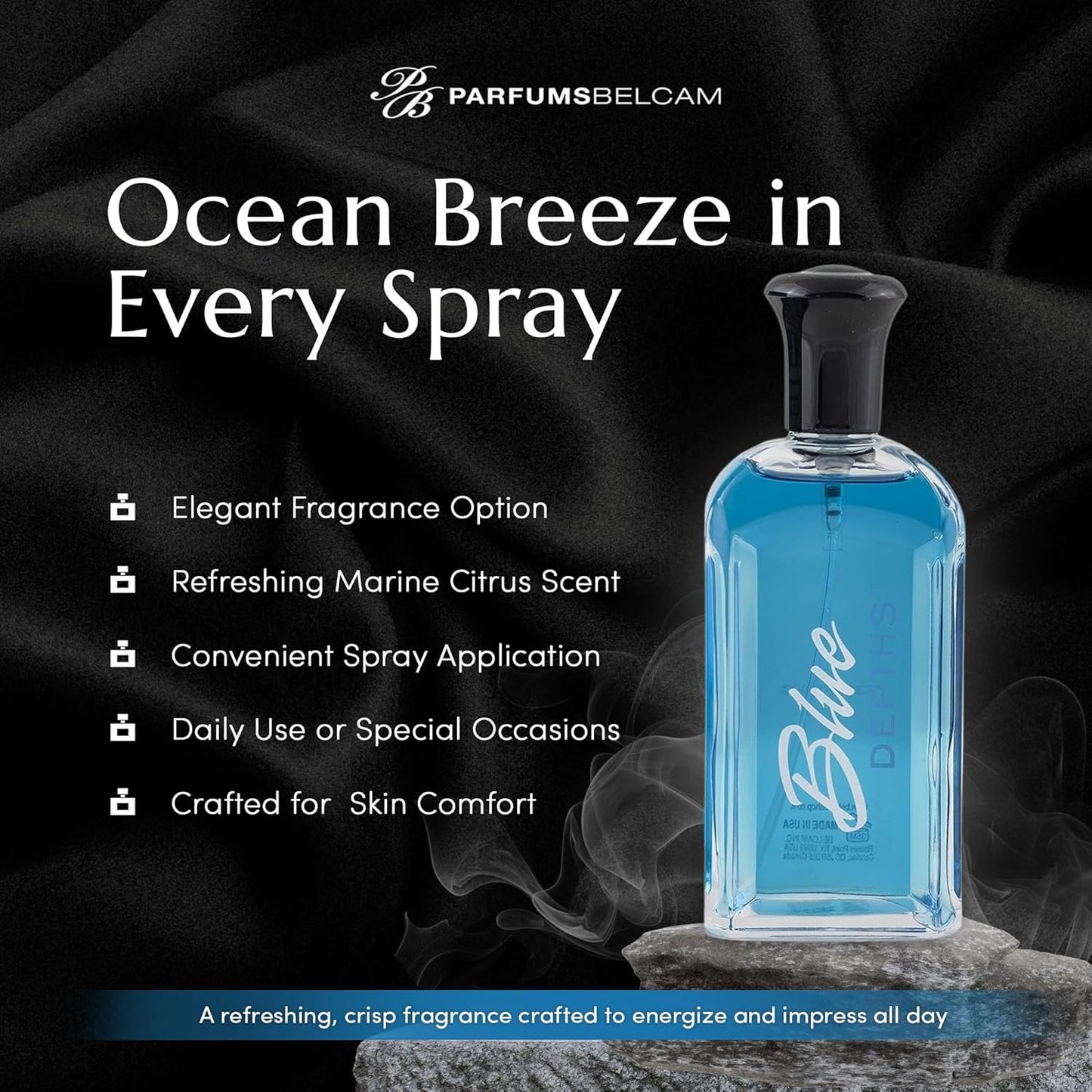 PB ParfumsBelcam Blue Depths Eau de Toilette Fragrance Spray - 2.5 Fl Oz. Fresh Aquatic Cologne for Men with Crisp Citrus, Warm Musk & Amber Scent, Crafted with Premium Oils for Day & Night Use