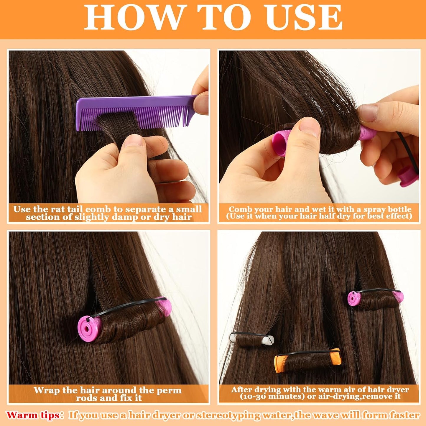 60 Pcs Perming Rods Set - 8 Sizes Cold Wave Rollers with Rat Tail Combs, Clips for Long and Short Natural Hair Styling, Hairdressing Kit