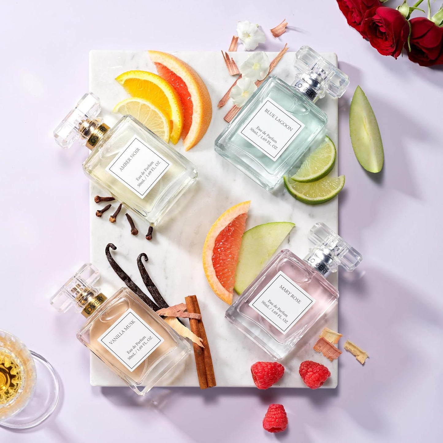 Christmas Gifts for Women, Perfume for Women, Women's Perfume Gift Set - 4pc Sampler With Vanilla Musk, Amber Noir, Blue Lagoon & Mary Rose Fragrances - Large Bottle of Floral Parfum Made in France