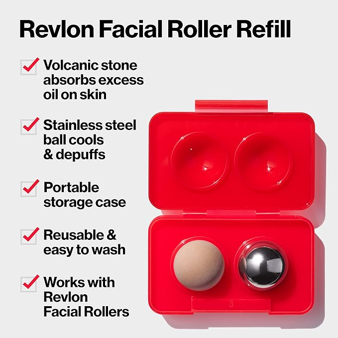 Revlon Oil Absorbing & Cooling Facial Roller Refill Pack with Volcanic & Stainless Steel Stones in Storage Case, Eco-Friendly, Easy to Clean, 1 count