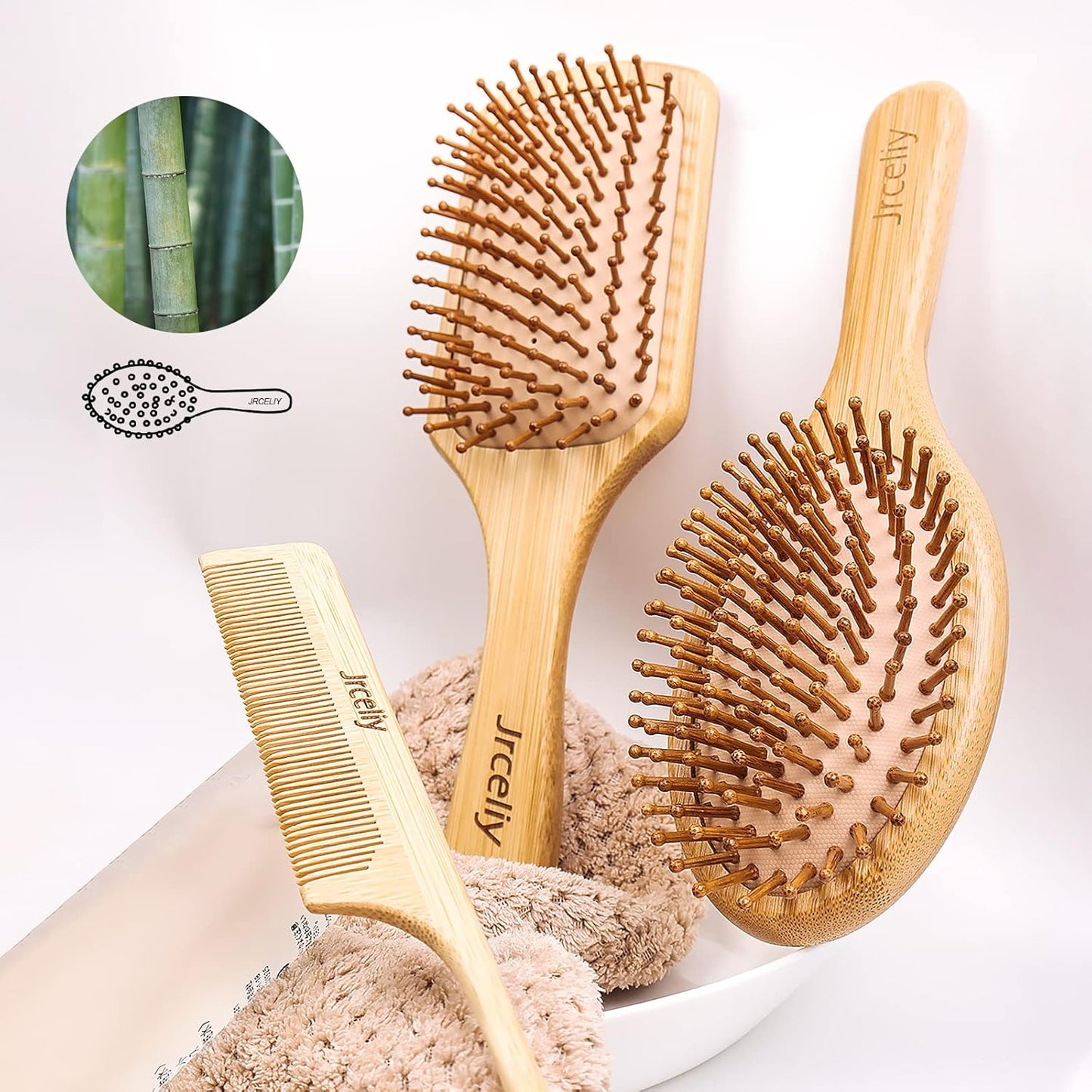 3PCS Bamboo Hair Brush Set,Natural Wooden Brush for Women, madam, Paddle Detangling Brush for Dry/Curly/Thick/Thin/Straight Hair
