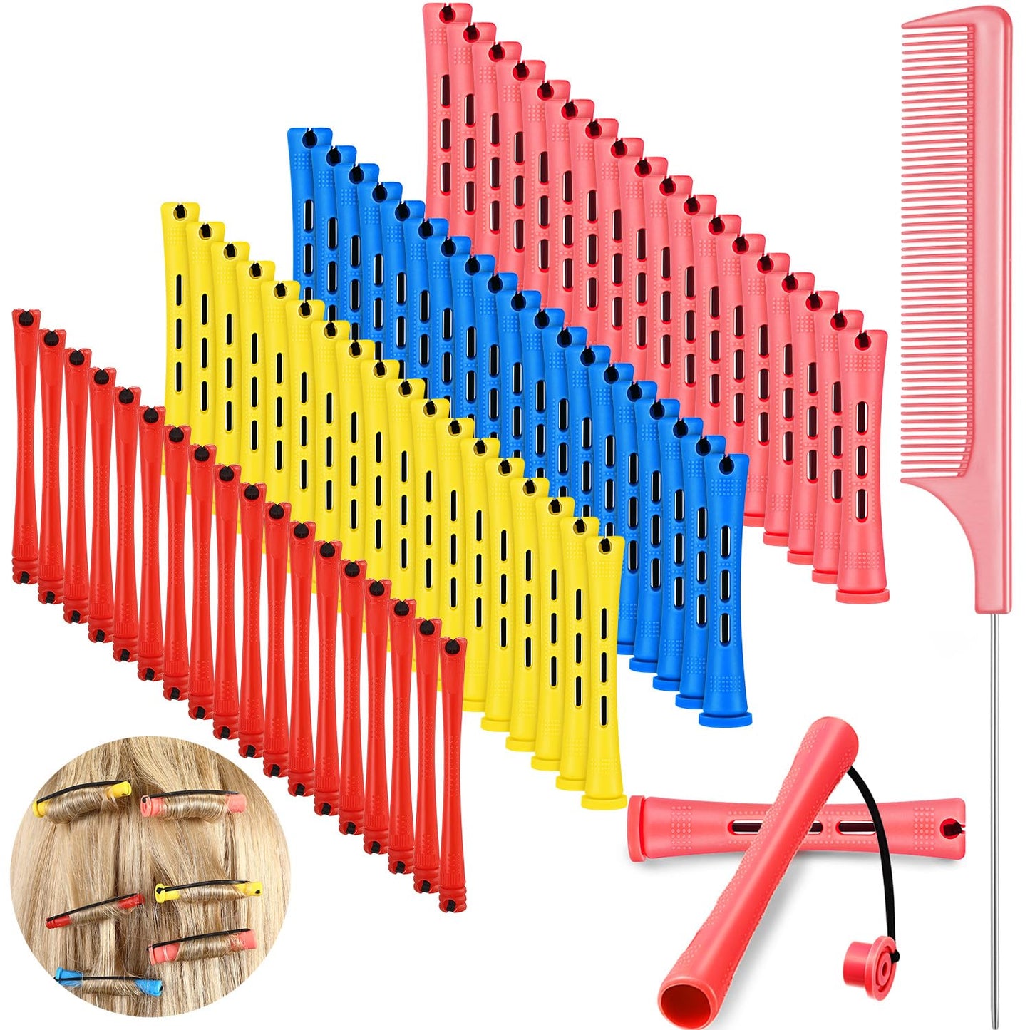 WILLBOND 72 Pieces Hair Perm Rods Set, Short Plastic Perming Rods Cold Wave Roller 4 Sizes Hair Curling Rollers with 1 Piece Steel Pintail Comb for Hairdressing Styling (Short)