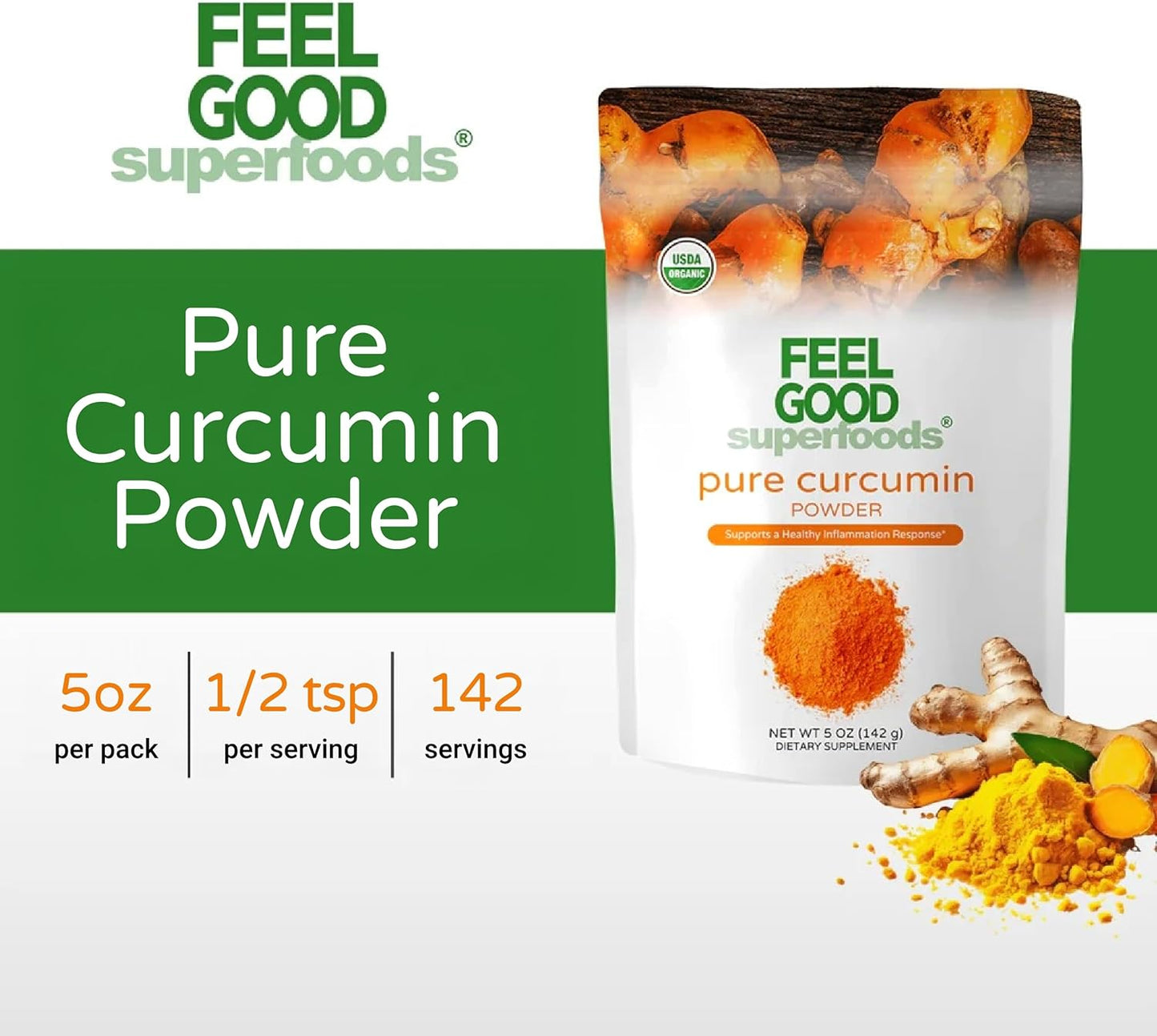 FEEL GOOD Superfoods Pure Curcumin Powder, Organic, Non-GMO, Vegan from Bulk Ground Turmeric Root from India, Curcuma Longa Joint Supplement, 5 oz