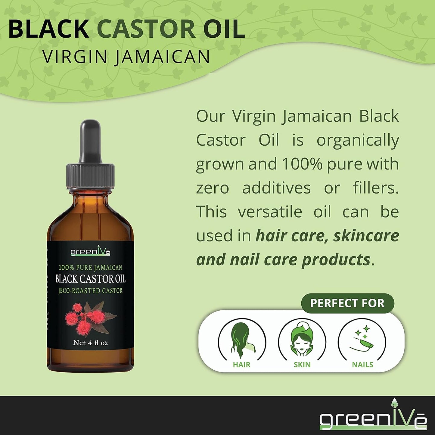 GreenIVe Organically Grown Jamaican Black Castor Oil JBCO 100% Pure Glass Bottle Cold Pressed Amazin Results (4 Ounce)