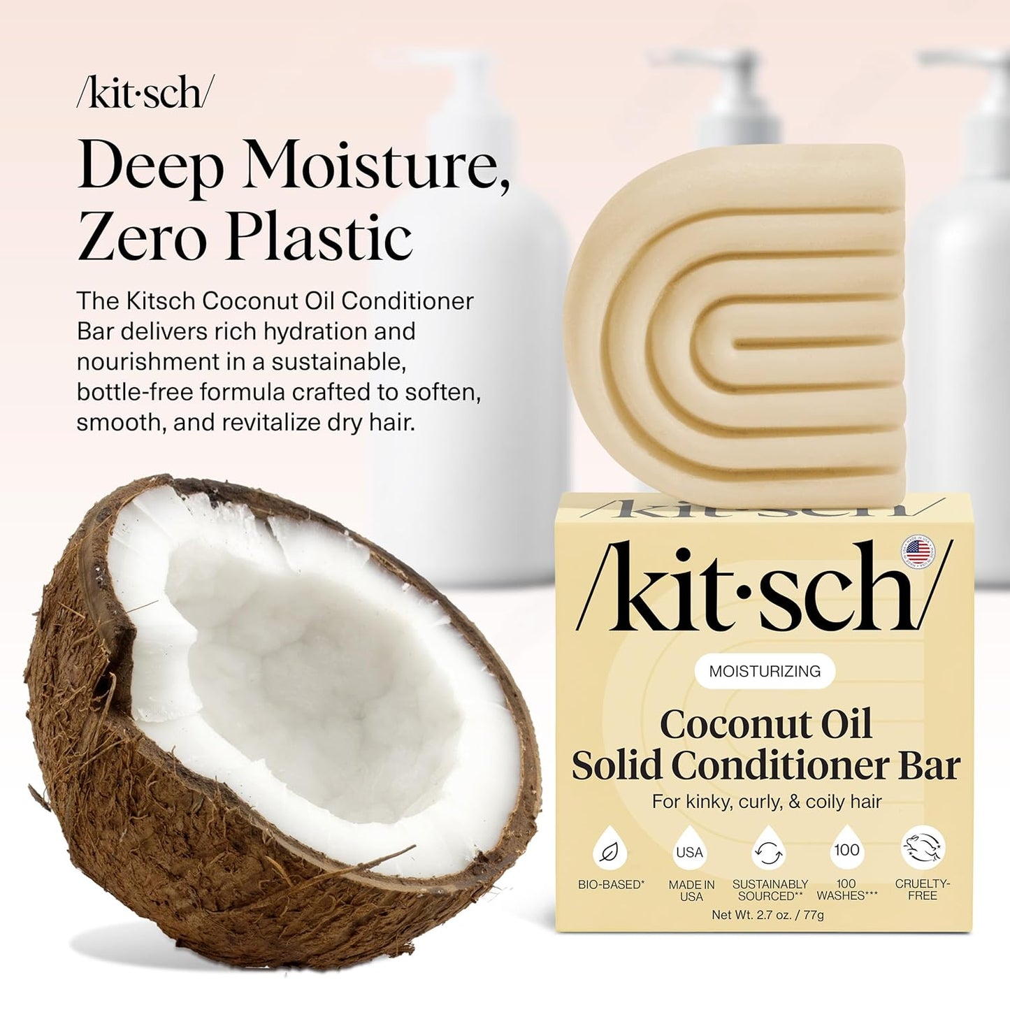 Kitsch Coconut Oil Conditioner Bar - Hair Conditioner For Women and Men - Deep Moisturizing, Nourishes, Hydrate & Soften Damaged Dry Hair - Silicone, Paraben & Sulfate Free - 2.7 oz