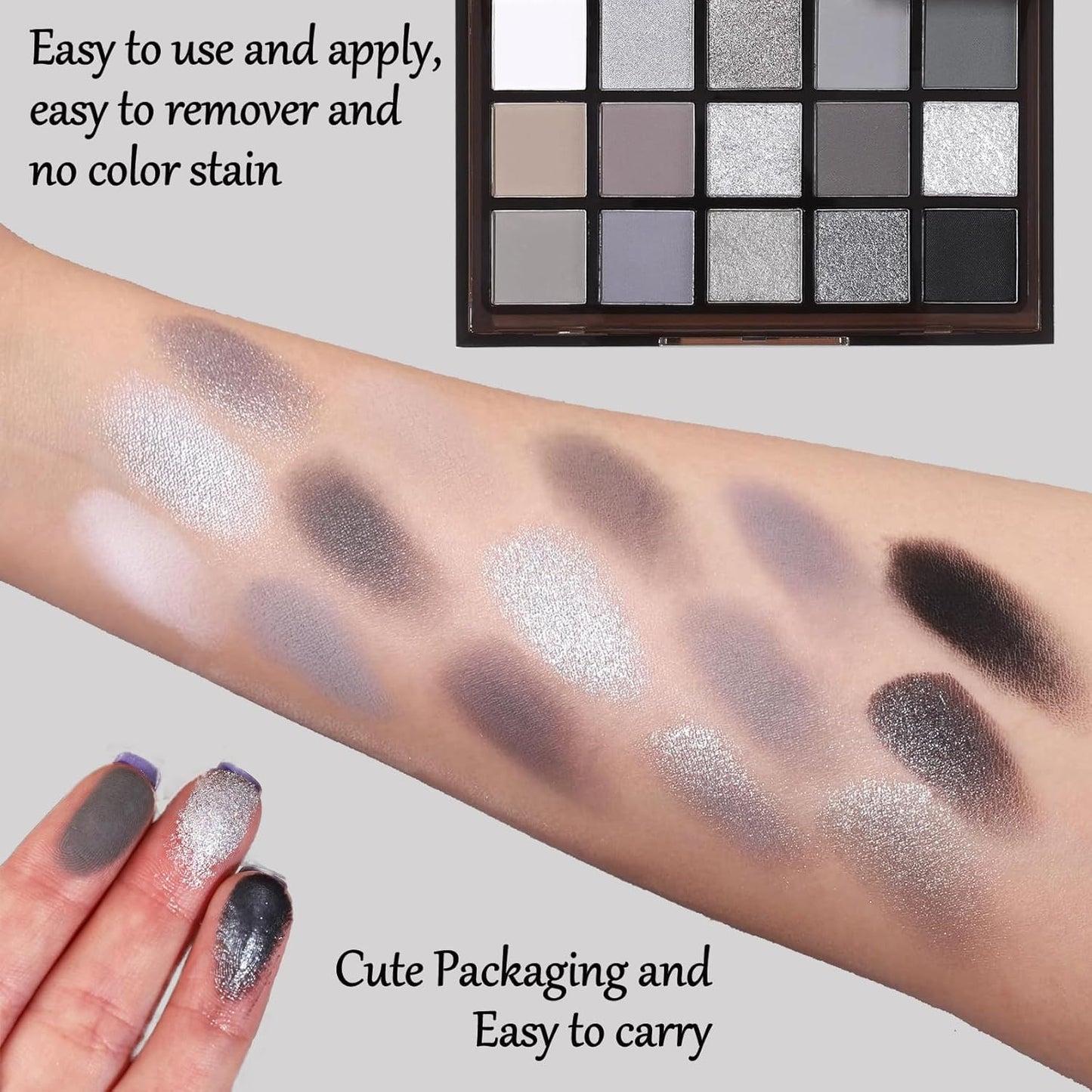 Black Grey Smoky Eyeshadow Palette,15 Colors Matte Shimmer Pigmented Eye Shadow Makeup Palette Set with 3 Eyeshadow Brushes,Glitter Eyeshadow Makeup Palette for Daily Halloween Goth Makeup(A)