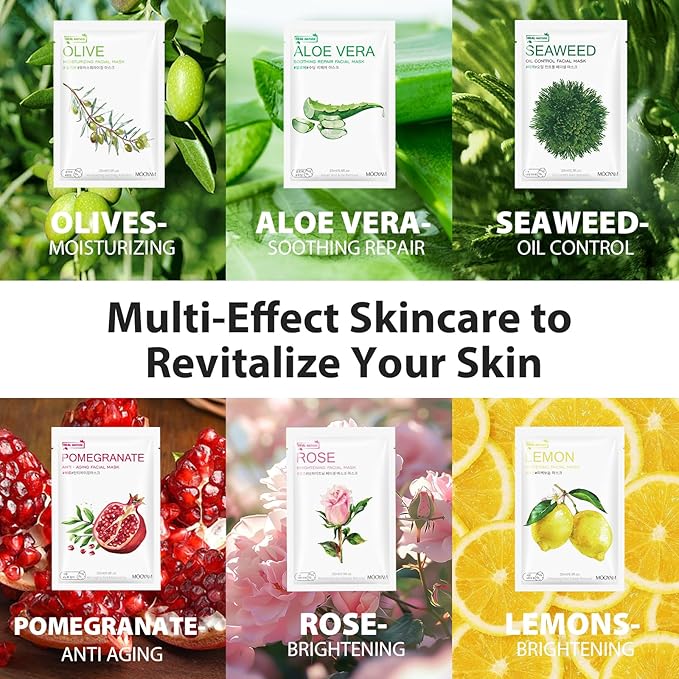 Face Masks Skincare, 6 Pack Variety Sheet Masks - Hydrating & Smoothing, Moisturizing & Nourishing for All Skin Types