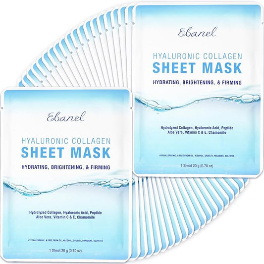 Ebanel 40 Pack Collagen Peptide Hydrating Face Masks, Instant Brightening Firming Anti Aging Face Sheet Masks, Moisturizing Spa Facial Mask Skincare with Hyaluronic Acid, Vitamin C, Chamomile, Aloe
