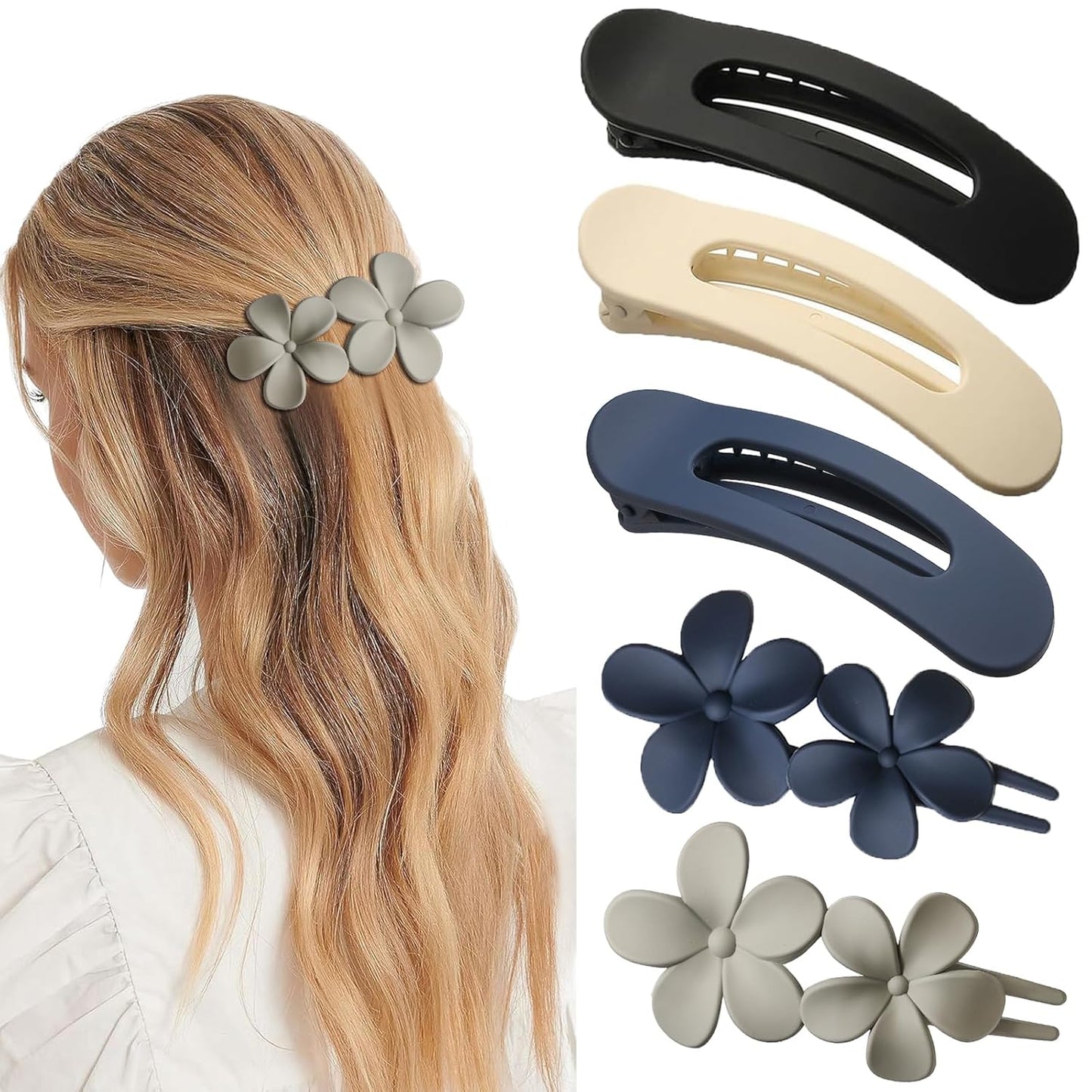 5 Pcs Flat Hair Clips, 2 Styles Large Lay Flat Claw Clips for Women Girls,Strong Hold Non-slip Matte Hair Claws for Thick Thin Hair(Navy&Grey)