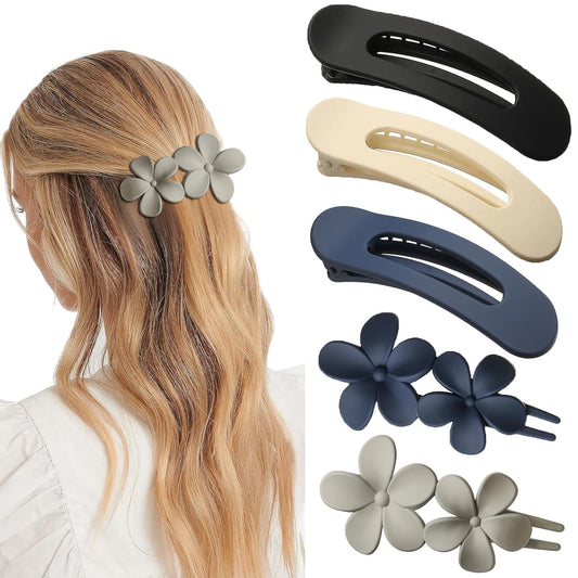 5 Pcs Flat Hair Clips, 2 Styles Large Lay Flat Claw Clips for Women Girls,Strong Hold Non-slip Matte Hair Claws for Thick Thin Hair(Navy&Grey)