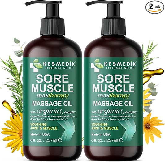Sore Muscle Massage Oil with Arnica, Tea Tree & Eucalyptus Oils, Massage Oil for Massage Therapy, Muscle Relief, Relaxation, Tension & Skin Softening for Professional & Home Use (Pack of 2)