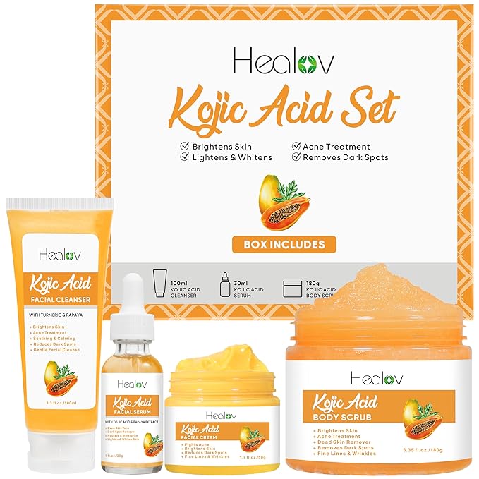 Kojic Acid Skincare Set – Kojic Soap Cleanser, Exfoliating Body Scrub, Face Cream & Brightening Facial Serum – Skin Brightening Hyperpigmentation Treatment, Dark Spot Corrector – with Turmeric Papaya