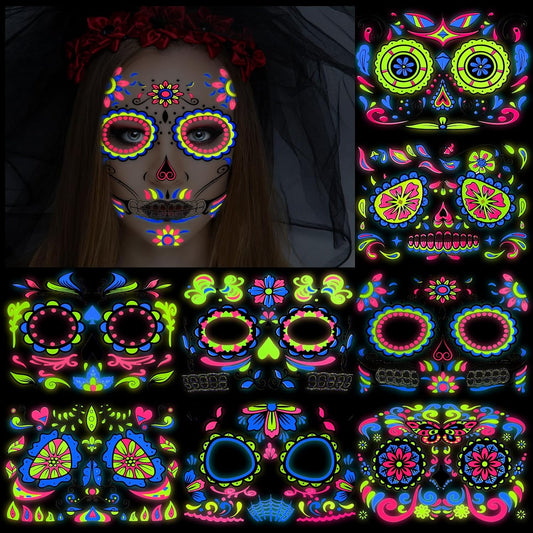 HOWAF Neon Day of The Dead Temporary Tattoos 8 Pairs Face Mask Tattoos, Glow UV Neon Dia De Los Muertos Sugar Skull Face Body Tattoos Sticker for Halloween Mexican Makeup Cosplay Party Supplies