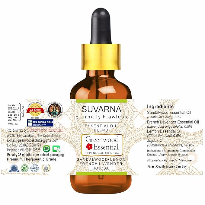 Suvarna - Fair & Flawless - Essential Oil Blend of Sandalwood, French Lavender & Lemon Essential Oils in Jojoba Oil 5ml (0.16 oz)