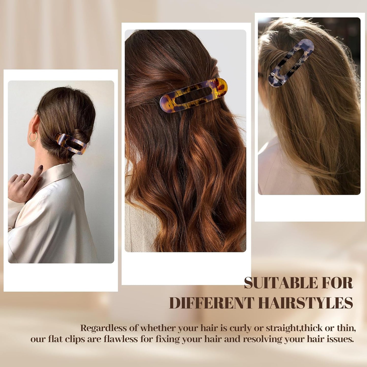 8 Pcs Large Lay Flat Claw Clips for Women French Side Slide Barrettes for Thin Fine Hair Rectangle Alligator Hair Accessories,Bright Tortoiseshell