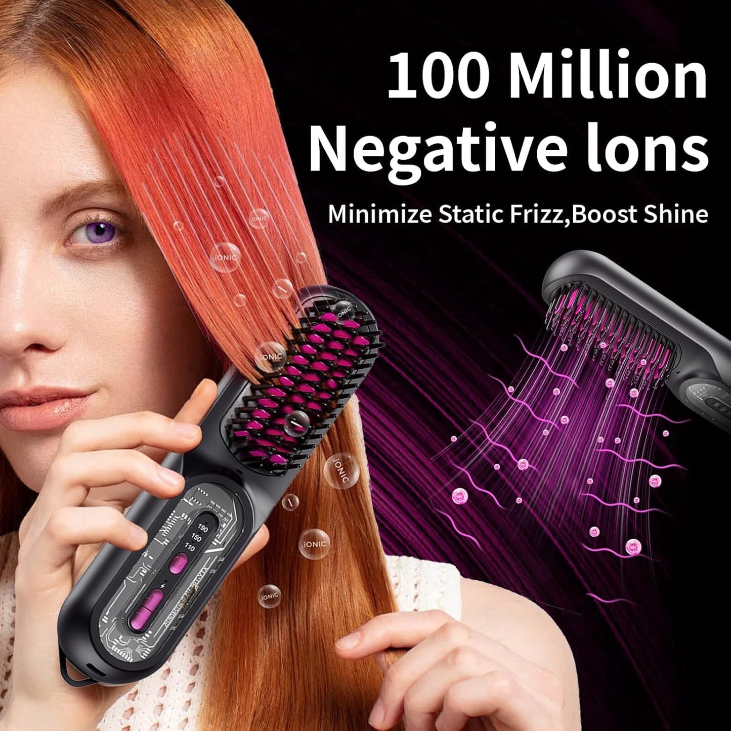 Travel Brush for Women, Portable Cordless Hair Straightener Brush, Mini Hair Straightener with 9600mAh Battery, Fast Charging & 100M Negative Ions - Cordless Portable Styler for On-The-Go (Black)