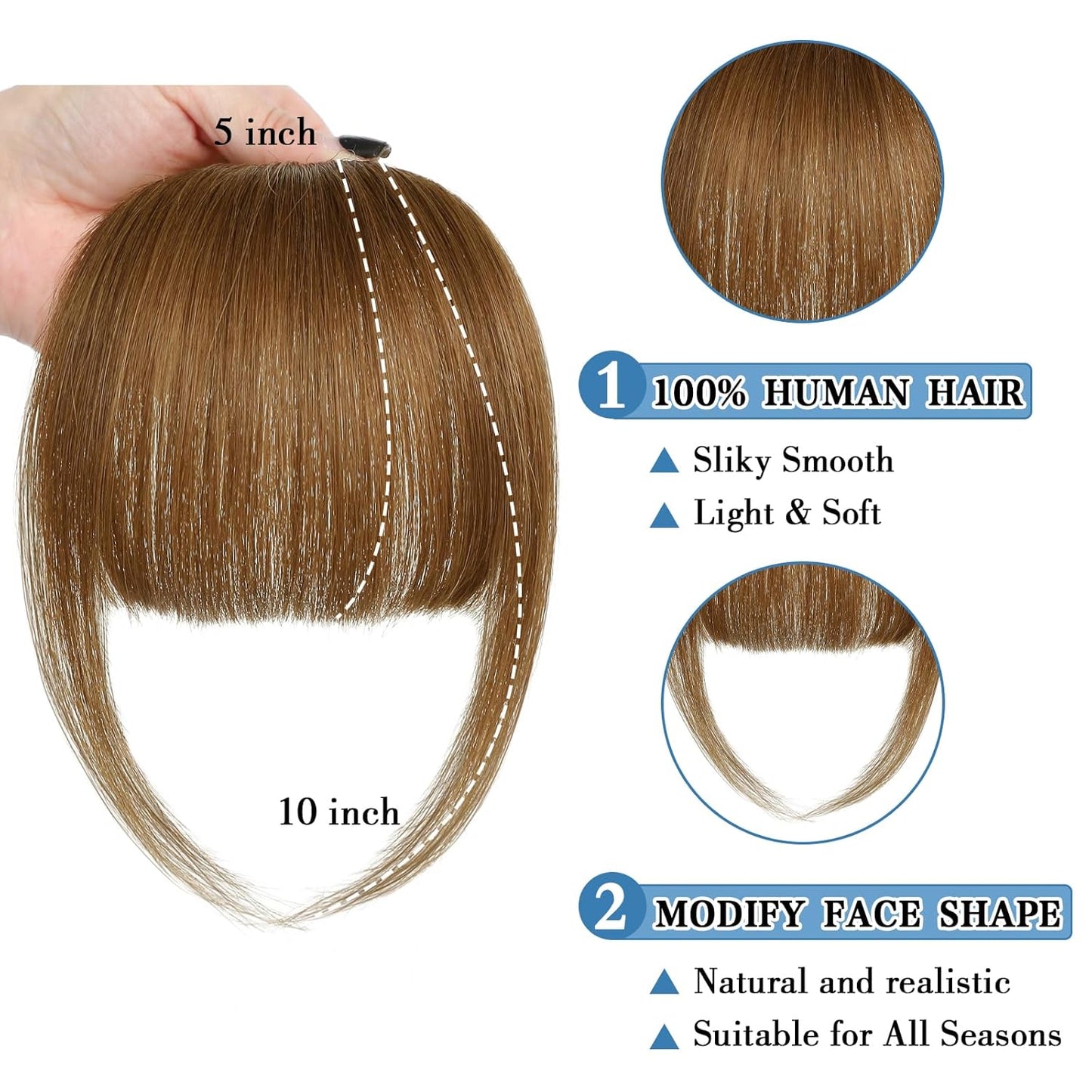Bangs Hair Clip Human Hair Light Brown French Bangs for Women Fringe with Temples Hairpieces Clip on Bangs for Daily Wear (Light Brown, French Bangs)
