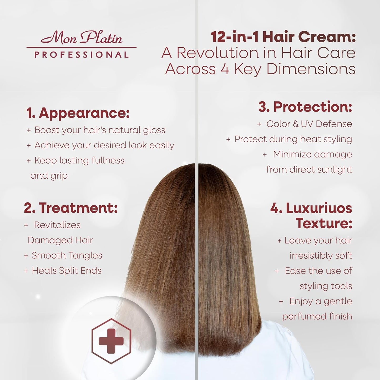 Mon Platin Professional Multi-Action Hair Cream with Black Caviar - 250 ml 12-in-1 Premium Leave In Conditioner Spray for Dry Damaged Hair - Repairing, Moisturizing, Smoothing, and Protecting