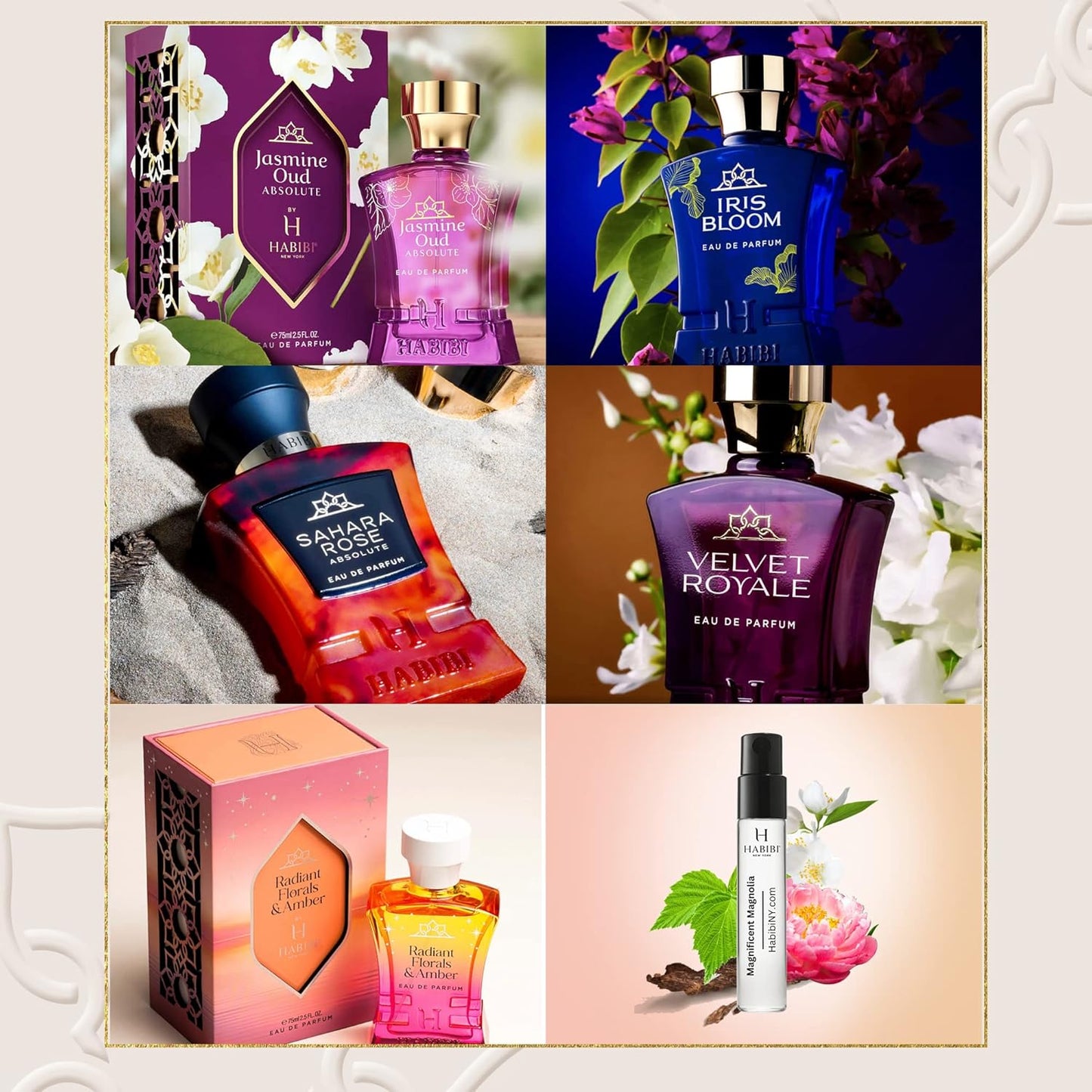 H HABIBI Deluxe Women's Discovery Perfume Sample Set – Luxury Eau De Parfum Fragrance Sampler for Women, Includes Iris, Magnolia, Jasmine Oud & Rose, Travel Size Gift Set, 5 x 2ml