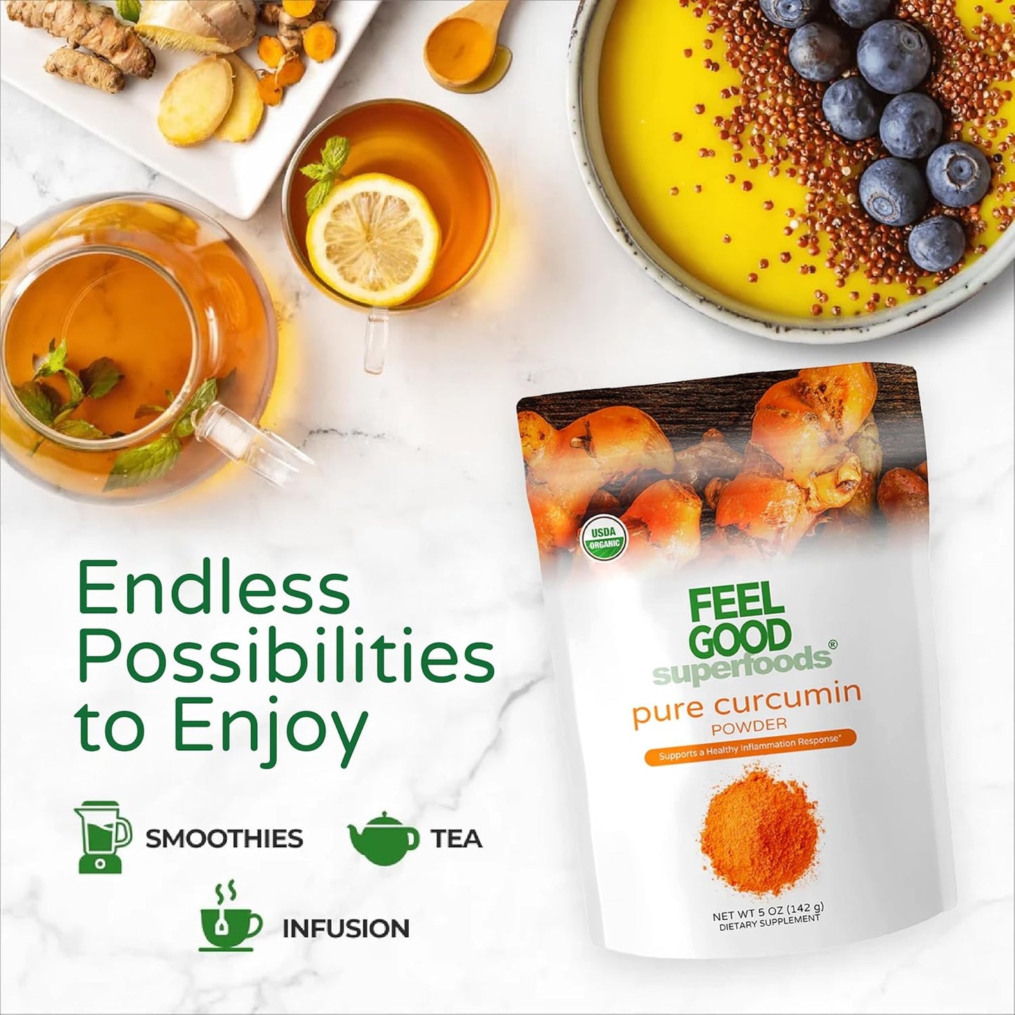 FEEL GOOD Superfoods Pure Curcumin Powder, Organic, Non-GMO, Vegan from Bulk Ground Turmeric Root from India, Curcuma Longa Joint Supplement, 5 oz