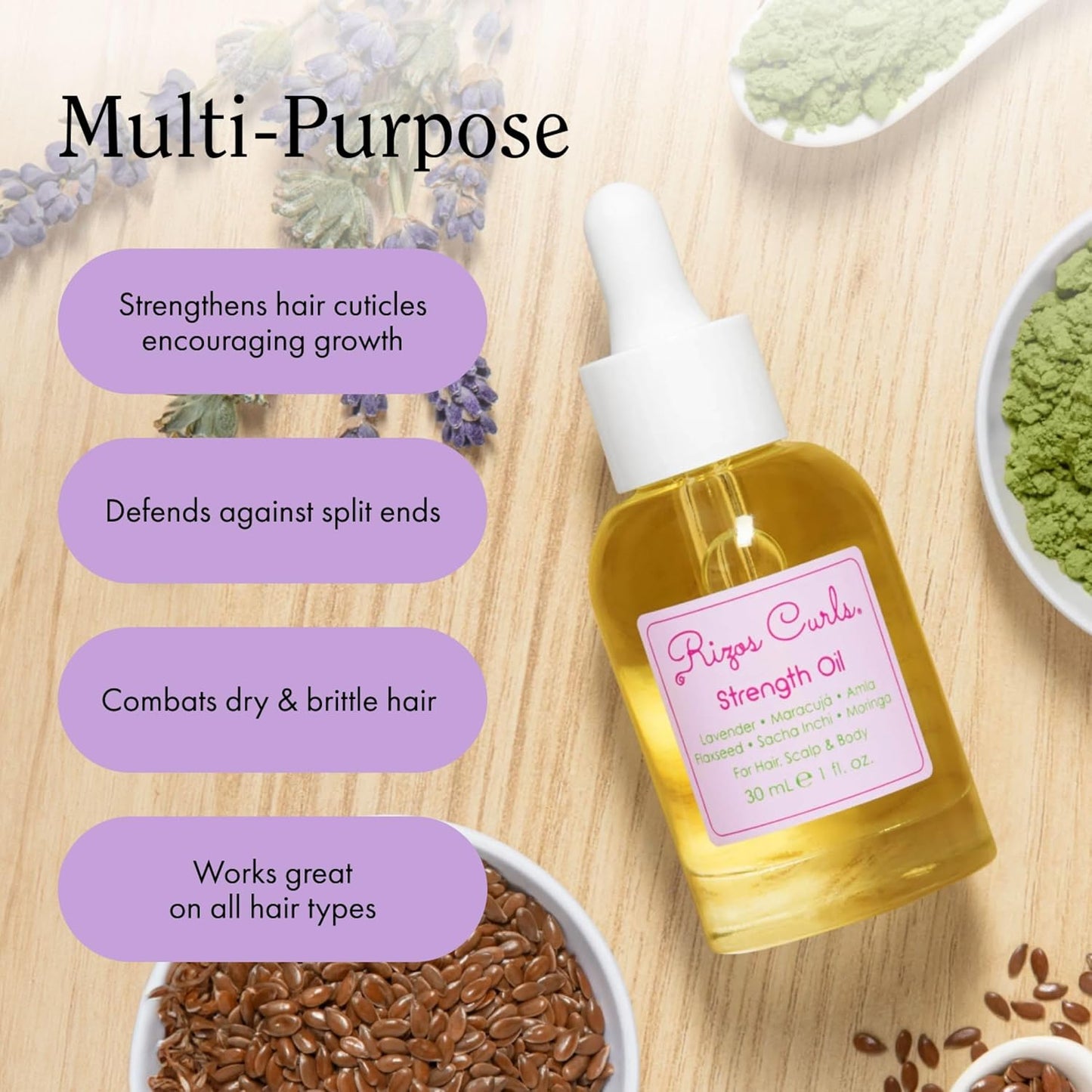 Rizos Curls Strength Oil, Promote Stronger, Longer & Thicker Hair, Improve Split Ends and Repair Dry Brittle Hair, Protects Against Damage & Breakage, For All Hair Types 1a - 4c, 1 oz