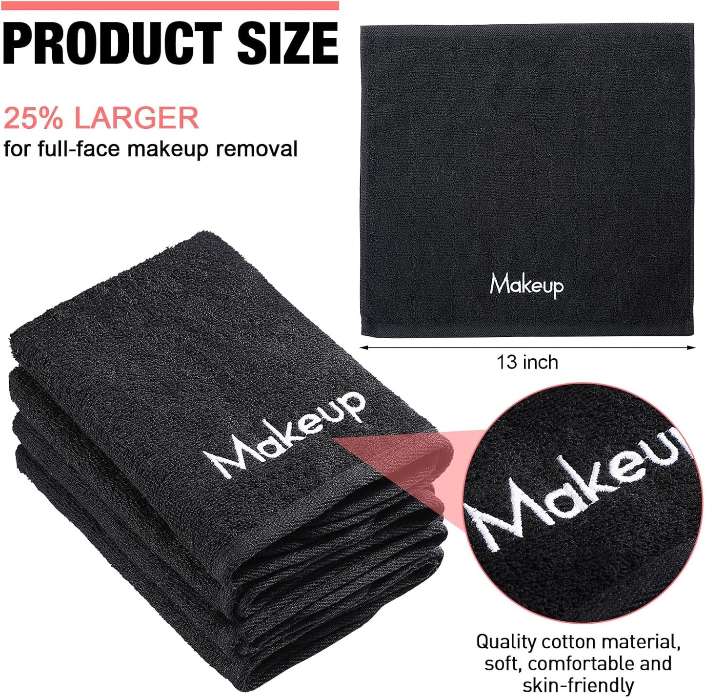 Chumia 72 Pcs Makeup Remover Cloths 13 x 13 Inch Makeup Towel Face Washcloths with Embroidery Black Reusable Washcloths Soft Cleansing Face Towel for Women