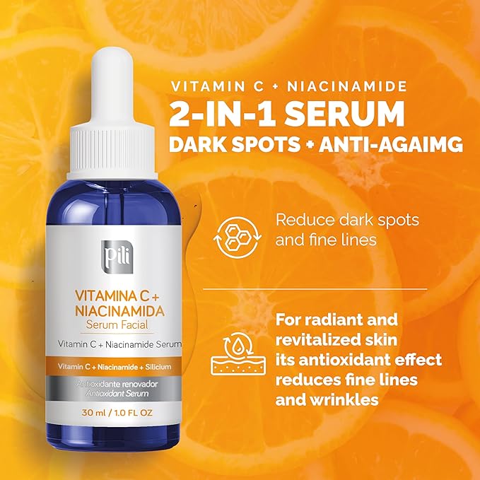 Pili Vitamin C Serum with Niacinamide & Organic Silicon – Brightening, Hydrating & Anti-Aging Face Serum for All Skin Types, Including Oily & Acne-Prone Skin – 1 fl oz