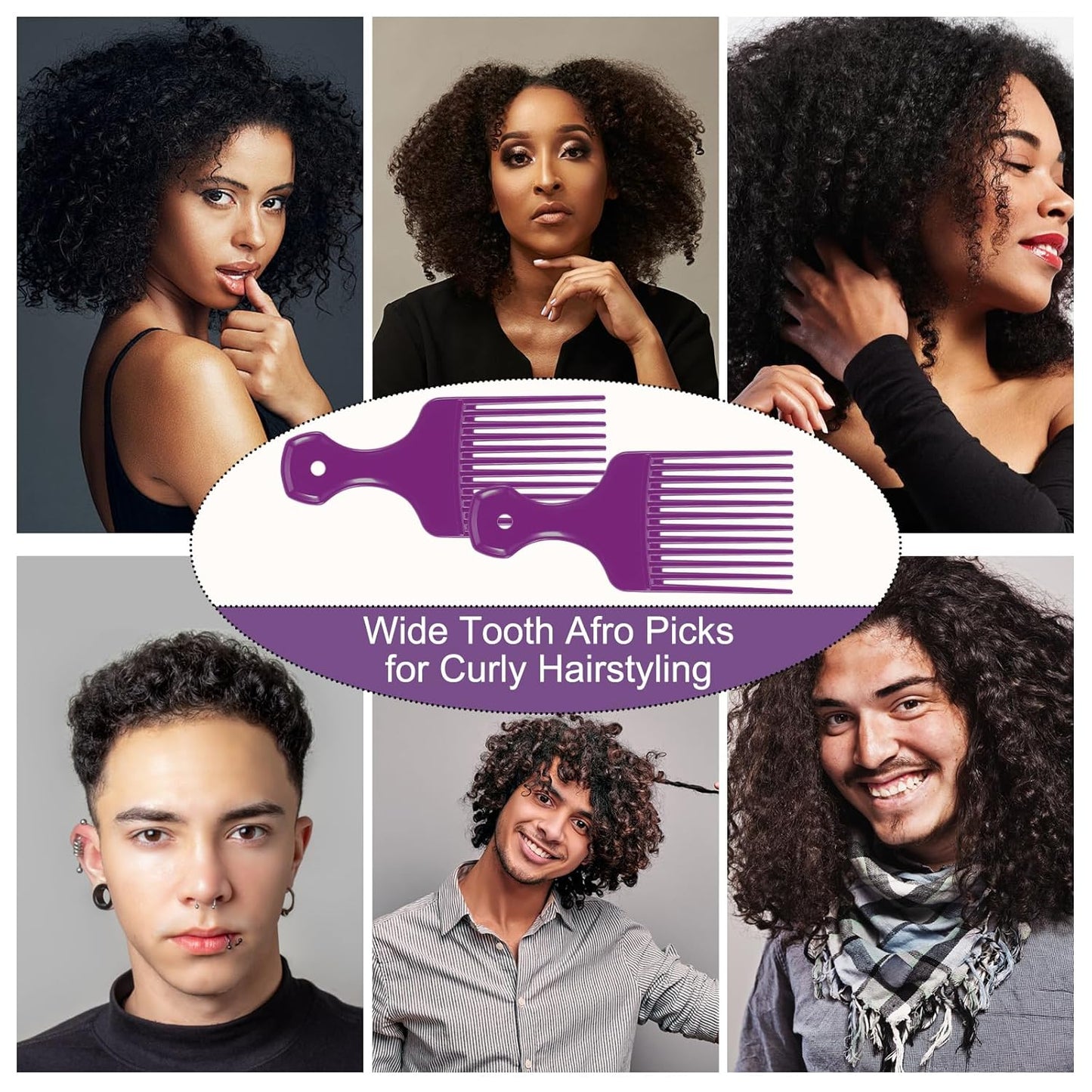 2 Pcs Hair Pick Comb Wide Tooth Lift for Hair Styling Detangling Plastic Afro Comb for Women Men (Purple)