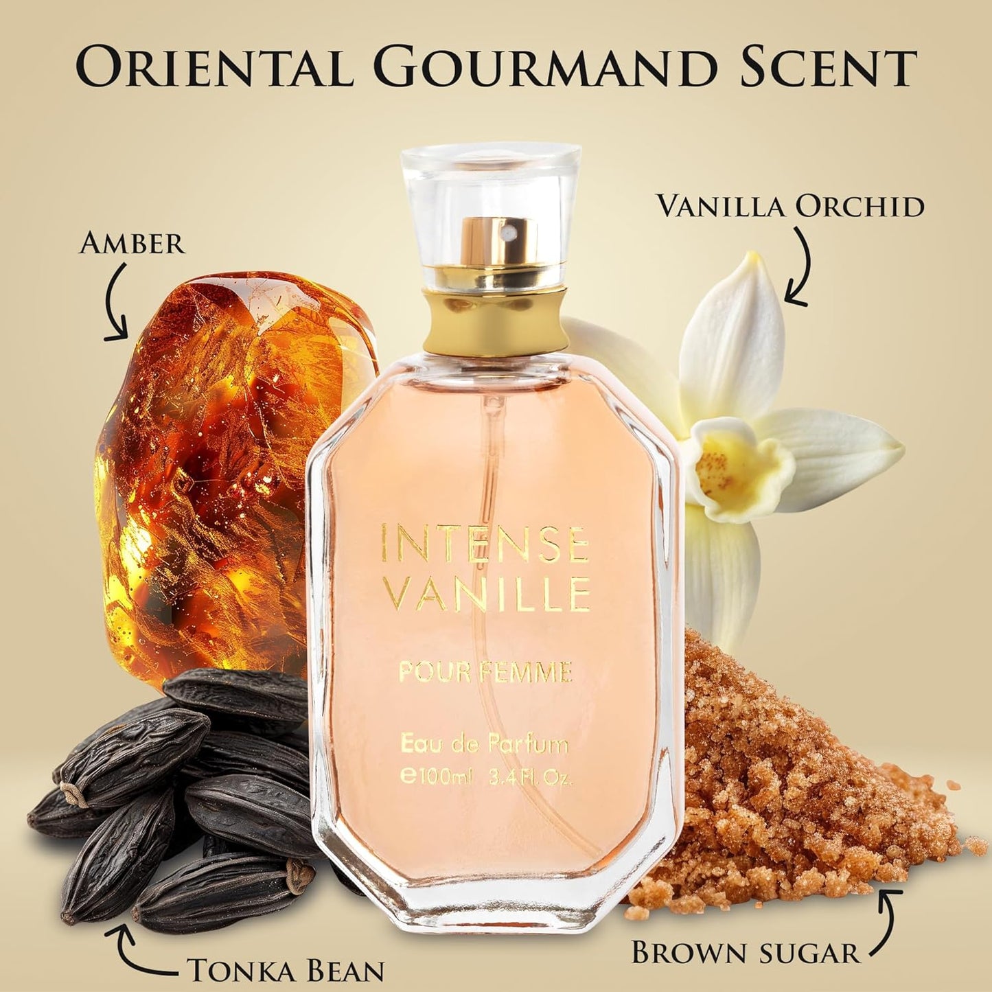 Intense Vanille for Women - Oriental Gourmand Fragrance - Top Notes of Vanilla Orchid & Jasmine Mix with Tonka Bean & Brown Sugar - Base Scents of Amber, Musk, Patchouli & Amberwood, Women Parfume