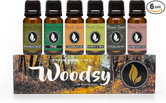 Eternal Essence Oils Woodsy Premium Fragrance Oils Set - Including Pine, Cedar Wood, Sandalwood, Bamboo & Teak, Woodland Bay and Frankincense - Rustic and Woody Scented Oils (6 Pack)
