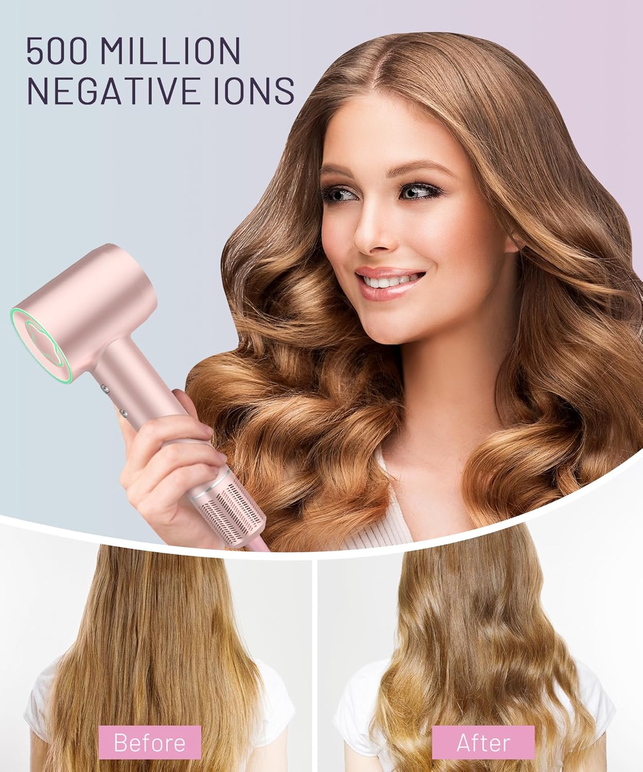 Hair Dryer - 150000 RPM High-Speed Brushless Motor Negative Ionic Blow Dryer for Fast Drying, Low Noise Thermo-Control Hair Dryer with Diffuser and Nozzle, Gleaming Pink