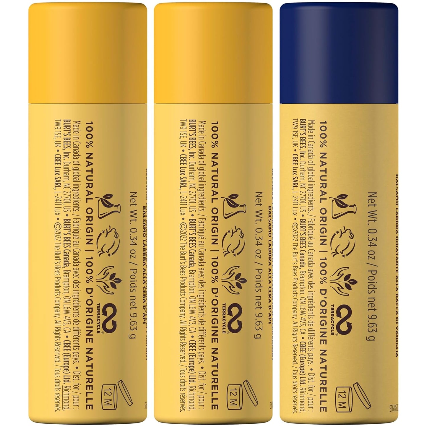 Burt's Bees Moisturizing Lip Balm, 2 Original Beeswax and 1 Vanilla Bean, 100% Natural Origin, 0.34 Ounce Each, 3 Paper Tubes, Pack May Vary