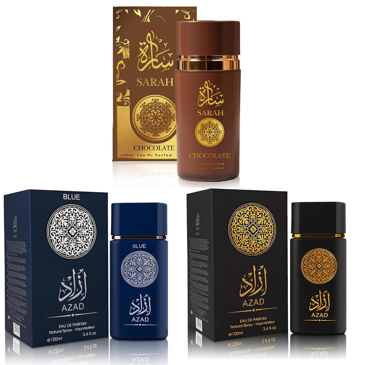 3Pack Men Colognes Combo Set AZAD,AZAD Blue,Sarah Chocolate 3.4 Fl Oz Each Eau De Parfume Spray with Woody Floral & Fruity Scent Perfume Gift Set Day to Night Use Fragrances