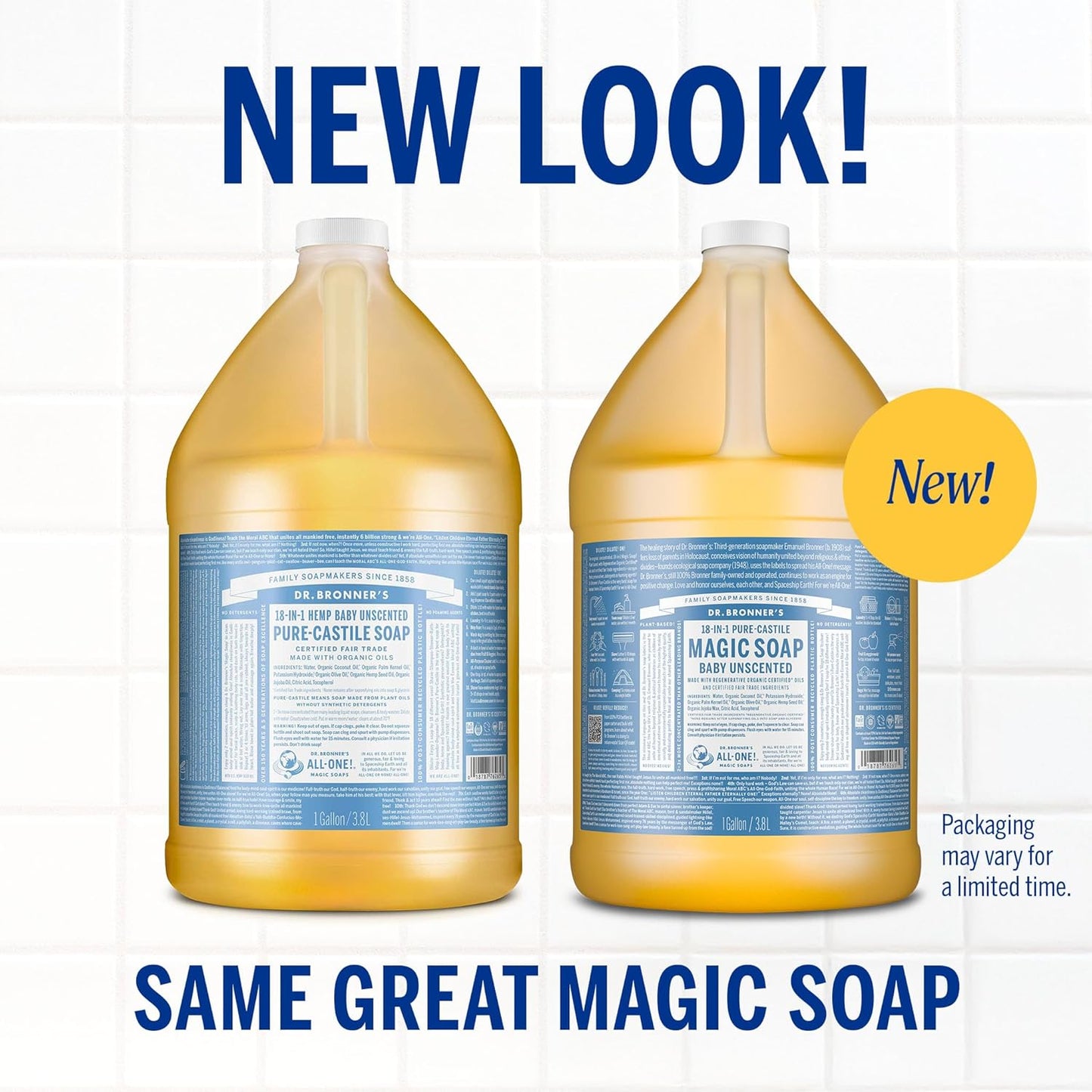 Dr. Bronner's Pure-Castile Magic Soap Liquid (Baby Unscented, 1 Gallon) – Made with Regenerative Organic Certified Oils- For Sensitive Skin, Babies, Face, Hair, Laundry, Dishes, Hand Soap & Body Wash