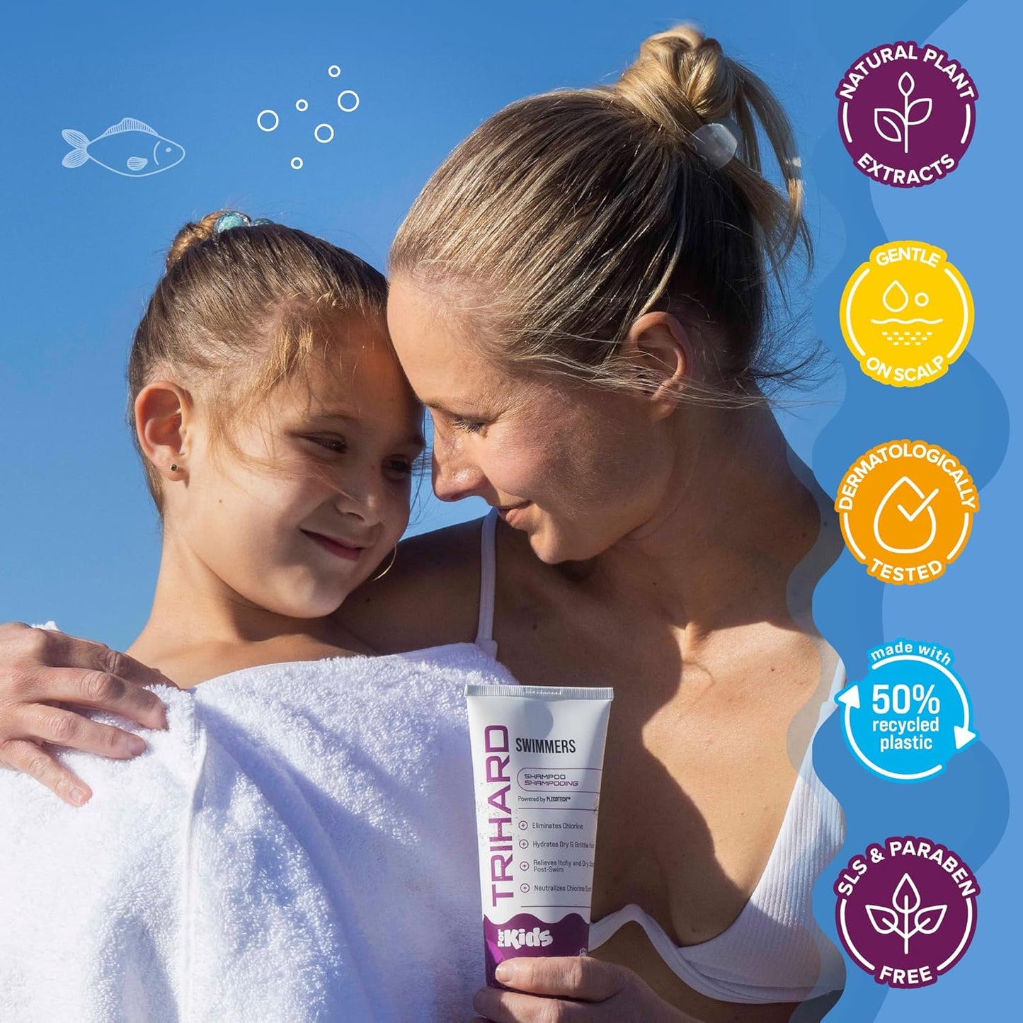 TRIHARD Kids Chlorine Defense Shampoo, Children’s Swim Shampoo to Protect and Hydrate Hair from Pool and Ocean, Gentle Post Swim Saltwater and Chlorine Removal Hair Care
