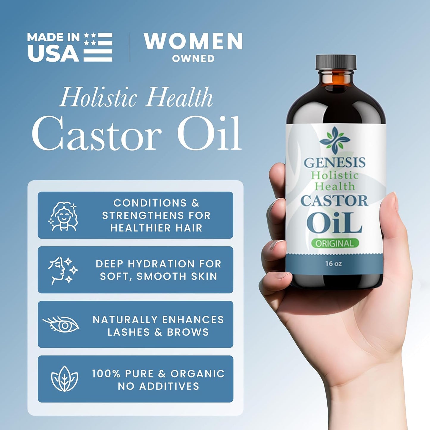 Genesis Holistic Health Organic Castor Oil – 100% Pure, Cold Pressed, Hexane Free – Nourishing Hair & Skin Oil – Eyelash & Eyebrow Growth, Deep Moisturizer – 16 oz Glass Bottle
