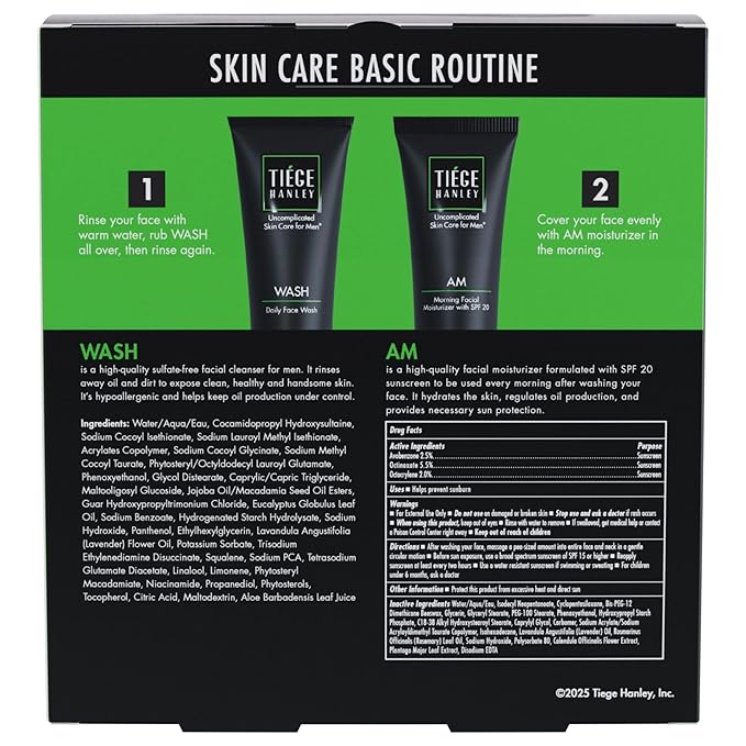Tiege Hanley Men’s Basic Skin Care Set – Hydrating Face Wash & Daily Moisturizer with SPF 20 – Basic Facial Kit for Men – Sensitive Skin Safe, Lightweight & Non-Greasy - Easy and simple skincare