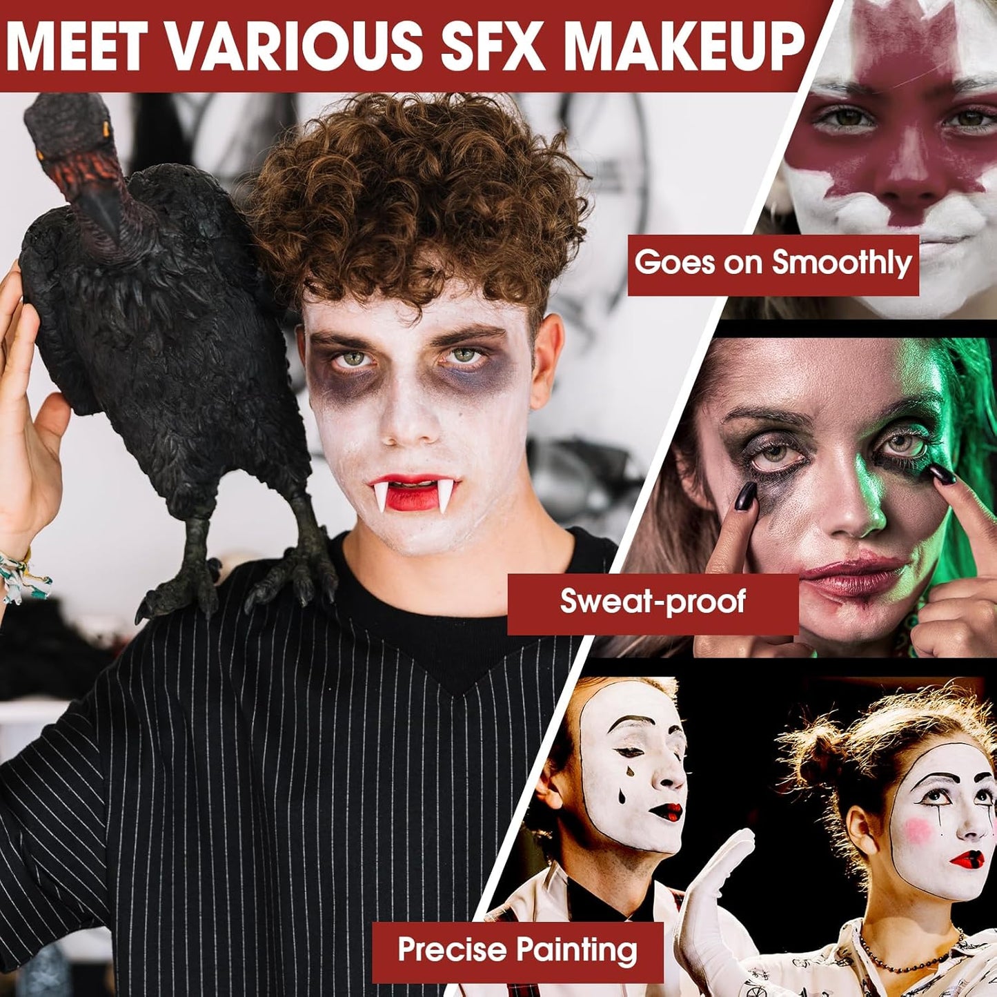 6 Colors Halloween Face Body Paint + 6pc Sponge + 3pc Brush, Black Red White Yellow Bruise SFX Makeup, Face-Paint Body Paint Halloween Makeup Kit for Zombie Clown Vampire Skeleton Joker Costume