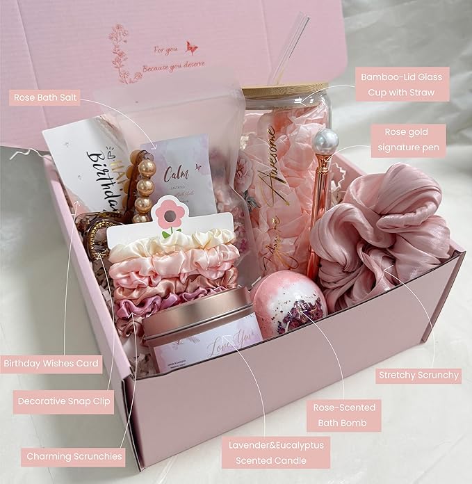 Birthday Gift Box for Women – Rose Gold Pink Aesthetic Gifts for Her – Self Care Relaxation Package for Wife, Girlfriend, Sister, Best Friend – Unique Spa Gift Idea (gold)