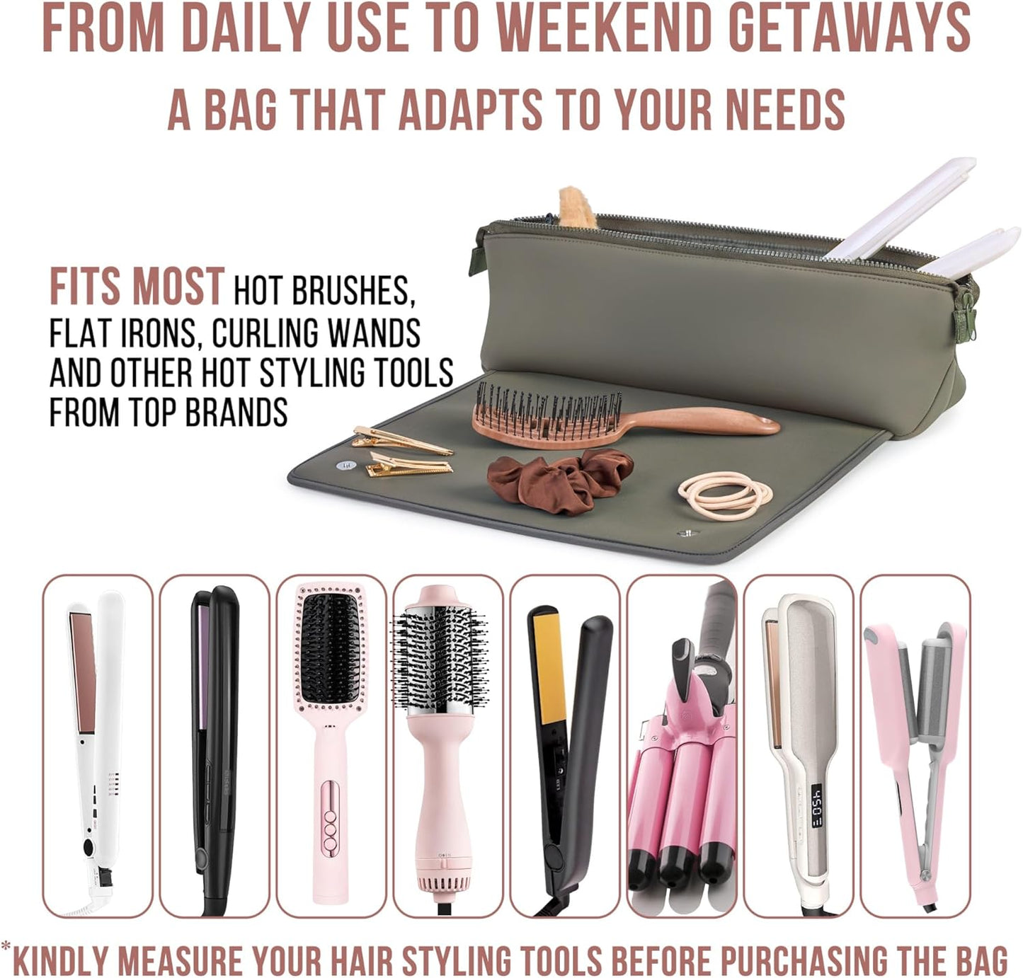 BAREFOOT CARIBOU Hair Tools Travel Bag and Heat Resistant Mat for Flat Irons, Straighteners, Curling Iron, and Haircare Accessories, 2-in-1 design, with Interior Pockets, Portable Organizer