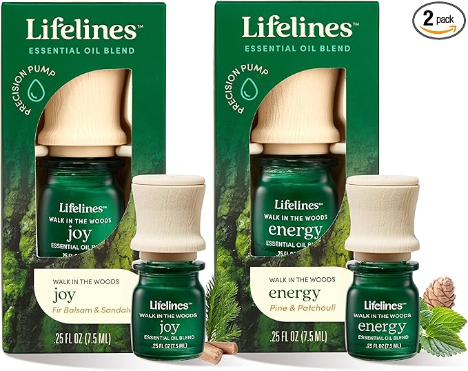 Lifelines Essential Oil Blends, 2-Pack - Blended Essential Oils with Mess-Free Precision Pump for Aromatherapy Diffusers - Long-Lasting Scented Fragrance - Walk in The Woods (Joy & Energy)