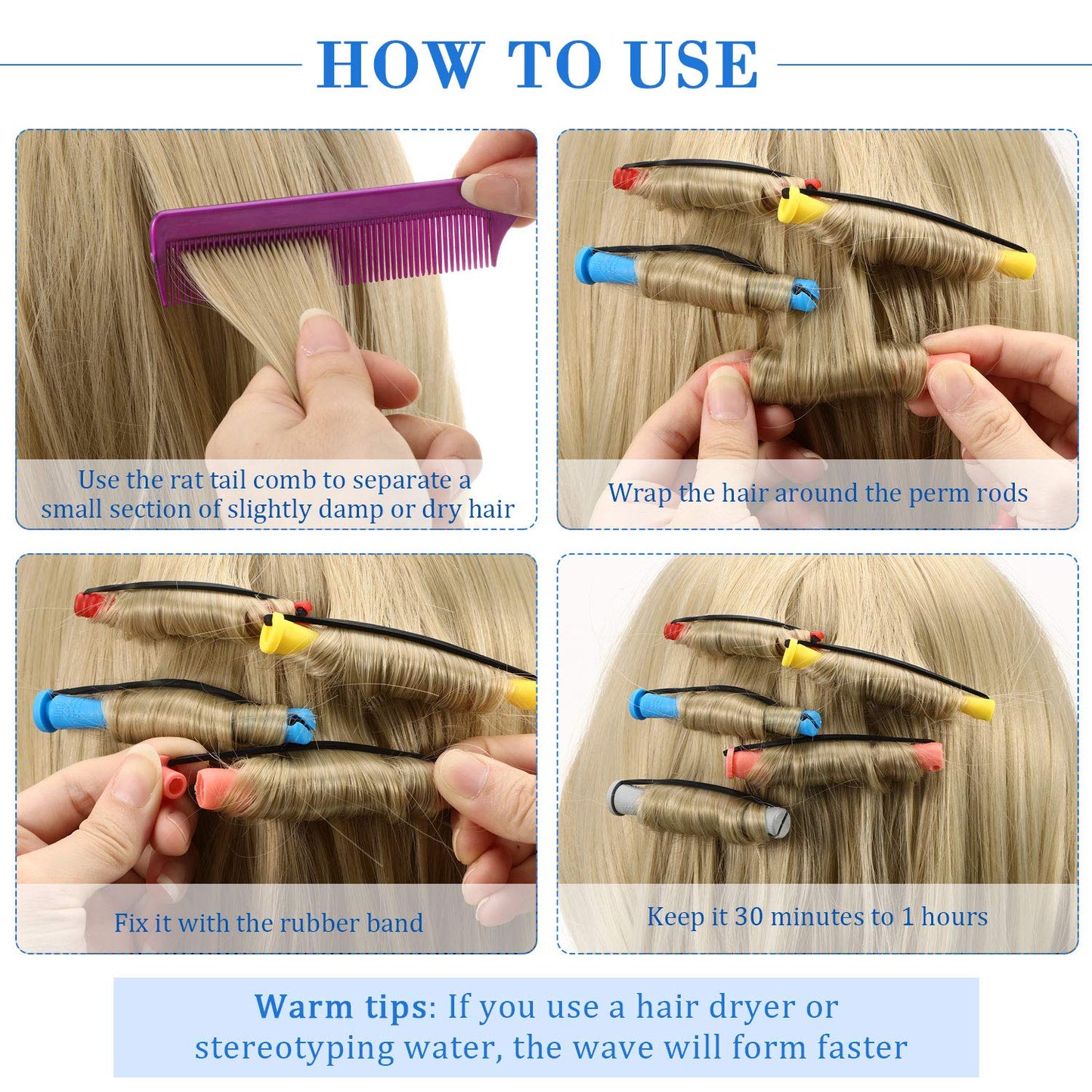 WILLBOND 60 Pieces Hair Perm Rods Set Plastic Cold Wave Perming Rods for Natural Hair Long Short Curling Rollers with Rat Tail Comb for Hairdressing(Bright Color,Assorted Size)