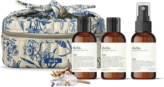 Dusa Santal Gift Set: Room Spray Santal Fragrance (2 oz), Premium Hydrating Hand Cream (2 oz), Soothing Hand Soap & Toile de Jouy Makeup Pouch – Ideal Luxurious Gift for Mothers Day