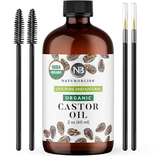 NaturoBliss Castor Oil Organic (2oz), 100% Pure, Cold Pressed, Hexane Free. Volumizing Serum for Hair, Eyelashes, Eyebrows. Hair Treatment Starter Kit & Skin Moisturizer