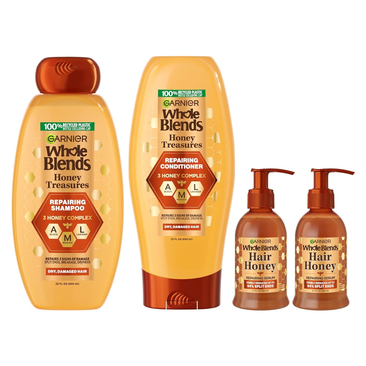 Garnier Whole Blends Honey Treasures Repairing Shampoo & Conditioner 22 Fl Oz each + Hair Serum (5.1 Fl Oz) for Dry, Damaged Hair (Bundle of 4 Items)