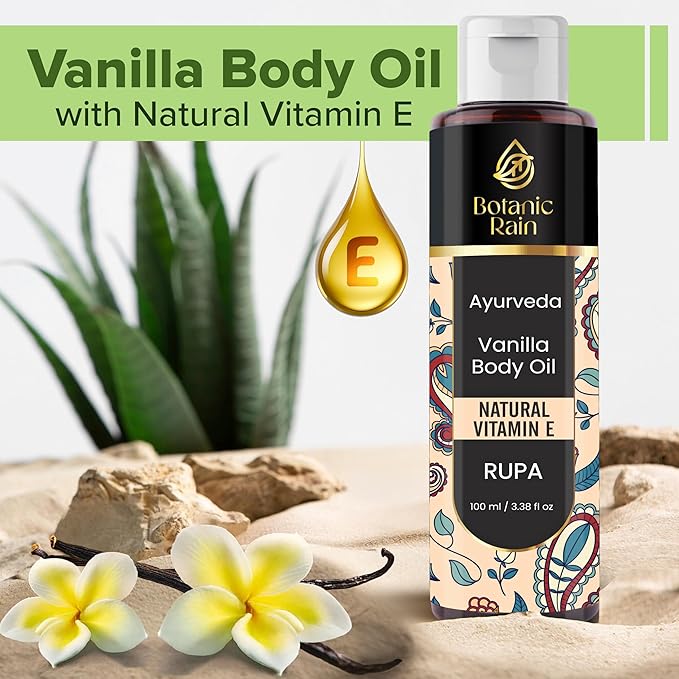 Ayurveda Vanilla Body Oil, Moisturizing & Hydrating Organic Vitamin E Oil, Body Oil For Women After Shower, Ayurveda Products For Crepey Skin - 3.38 Fl Oz (2)
