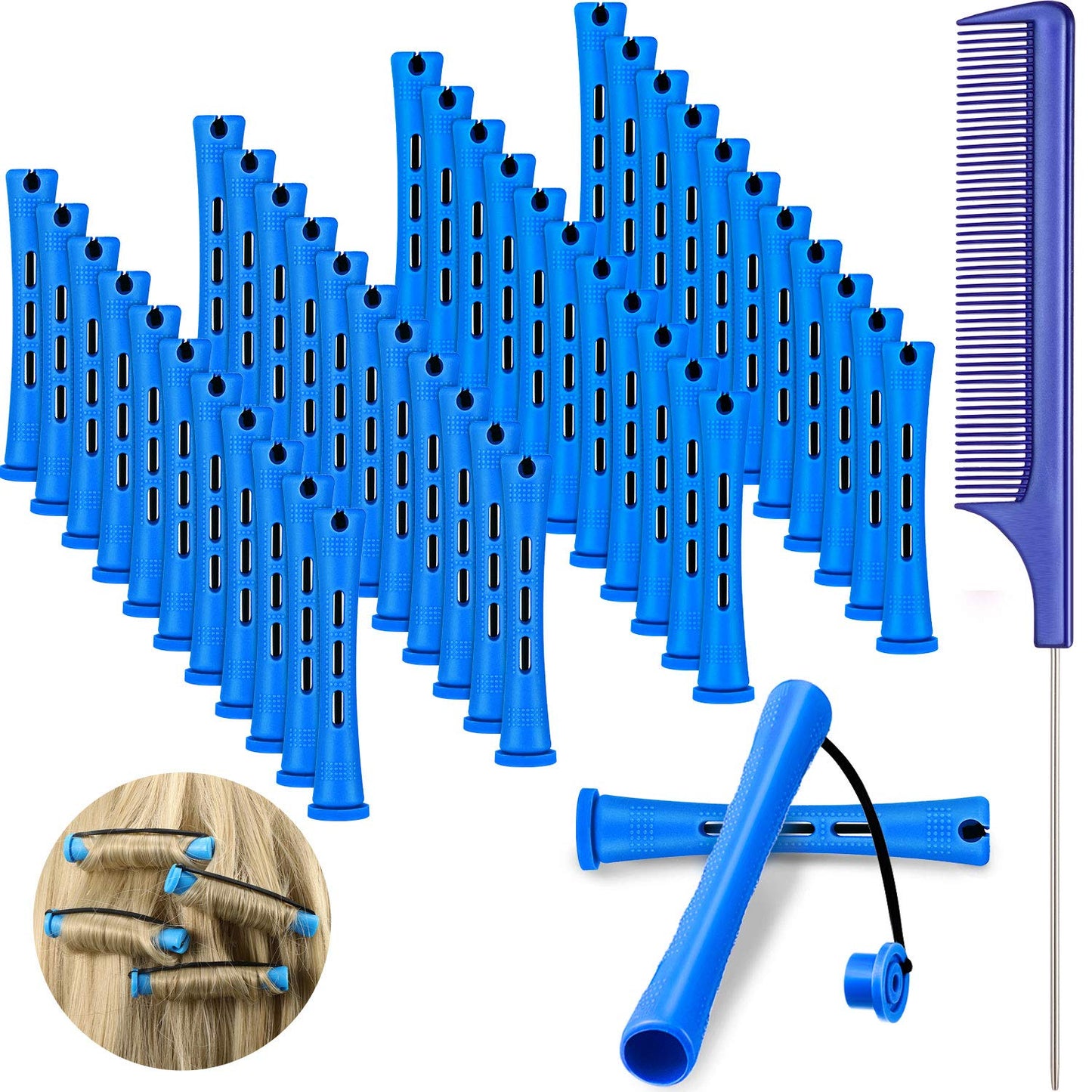48 Pieces Hair Perm Rods Short Cold Wave Rods Plastic Perming Irons Hair Curling Rollers Curlers with Steel Pintail Comb Rat Tail Comb for Hairdressing Styling Supplies(0.35 Inch,Blue and Dark Blue)