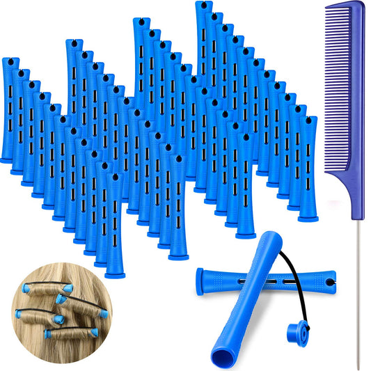 48 Pieces Hair Perm Rods Short Cold Wave Rods Plastic Perming Irons Hair Curling Rollers Curlers with Steel Pintail Comb Rat Tail Comb for Hairdressing Styling Supplies(0.35 Inch,Blue and Dark Blue)