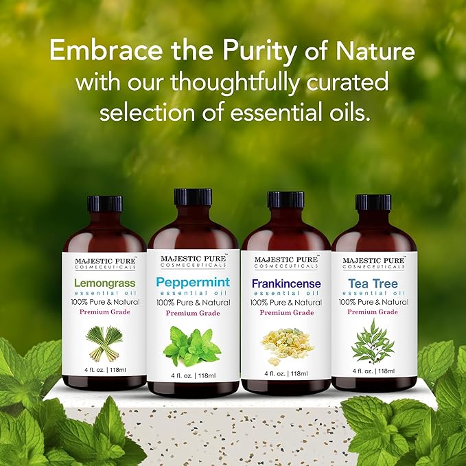 MAJESTIC PURE Peppermint Essential Oil with Glass Dropper | 100% Pure and Natural Peppermint Oil | Premium Grade Essential Oils for Diffusers, Skin, Aromatherapy, Massage | 4 Fl Oz
